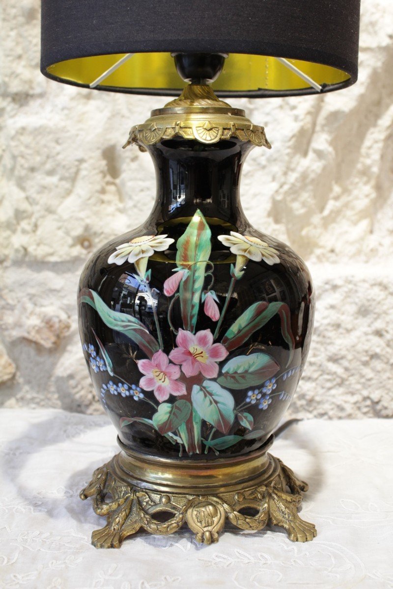 Lampe Vase En Faïence Fond Noir Et Fleurs Polychrome Fin 19ème Siècle-photo-2