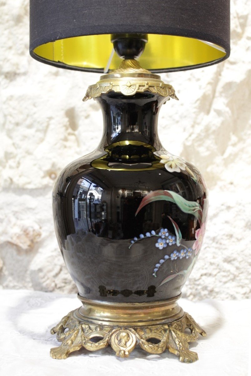 Lampe Vase En Faïence Fond Noir Et Fleurs Polychrome Fin 19ème Siècle-photo-1