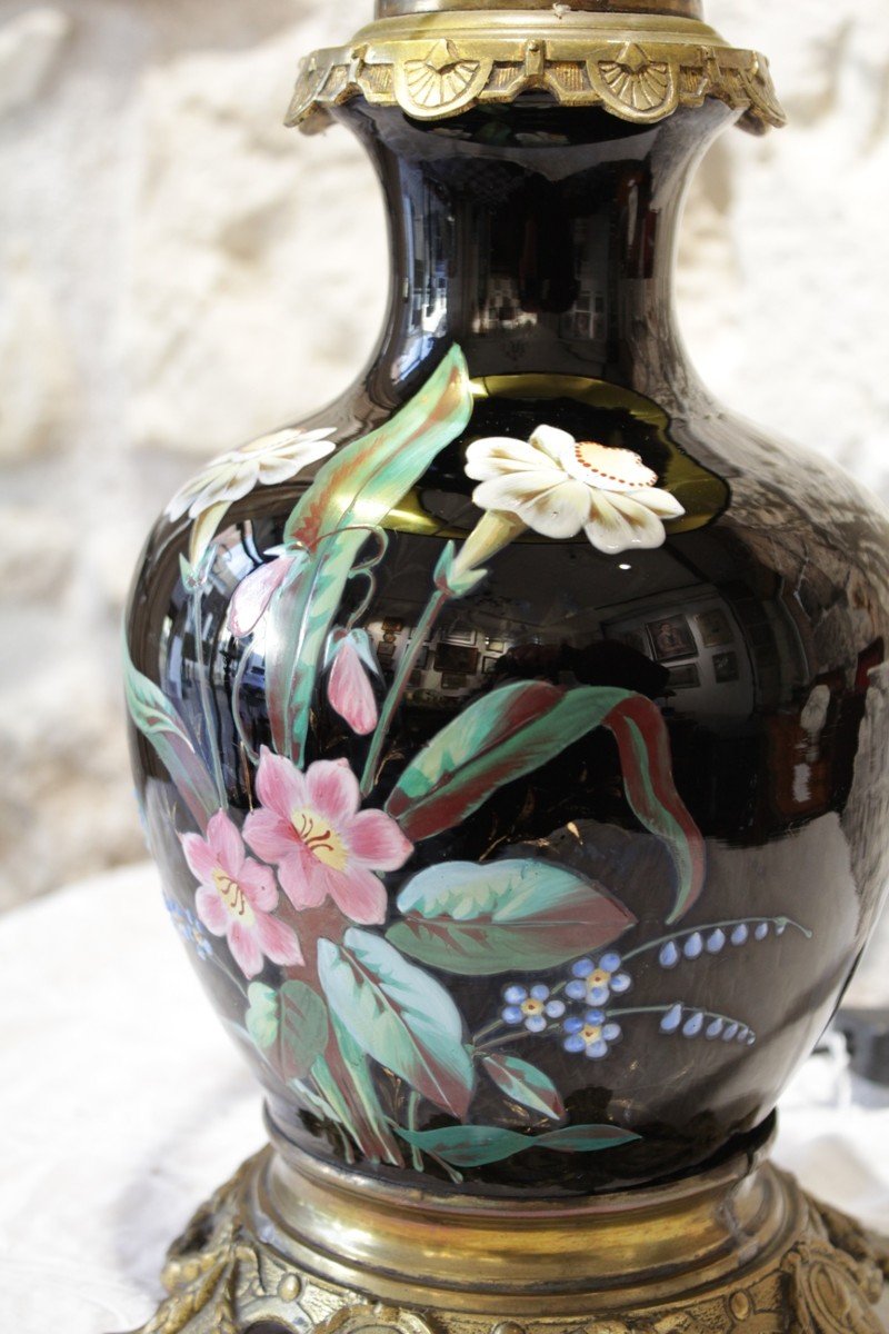 Lampe Vase En Faïence Fond Noir Et Fleurs Polychrome Fin 19ème Siècle-photo-3