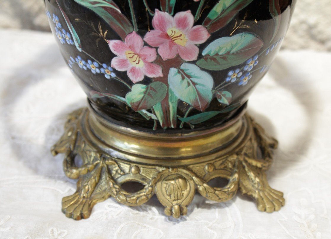 Lampe Vase En Faïence Fond Noir Et Fleurs Polychrome Fin 19ème Siècle-photo-5