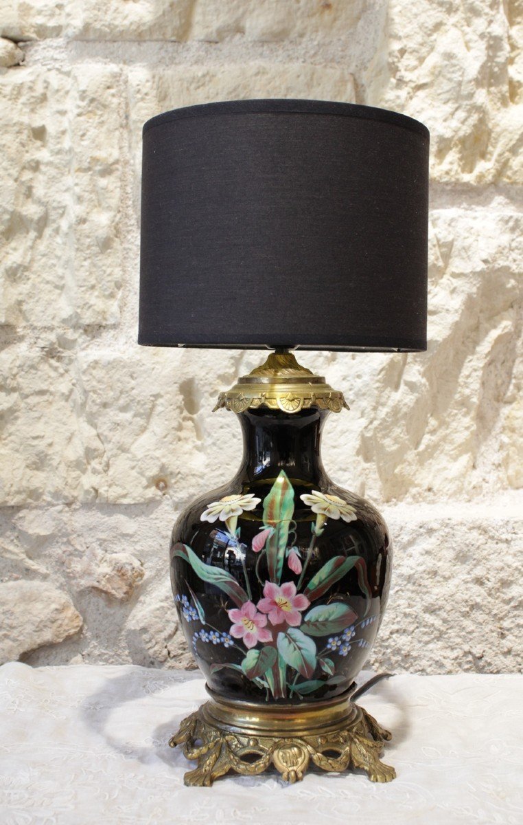 Lampe Vase En Faïence Fond Noir Et Fleurs Polychrome Fin 19ème Siècle