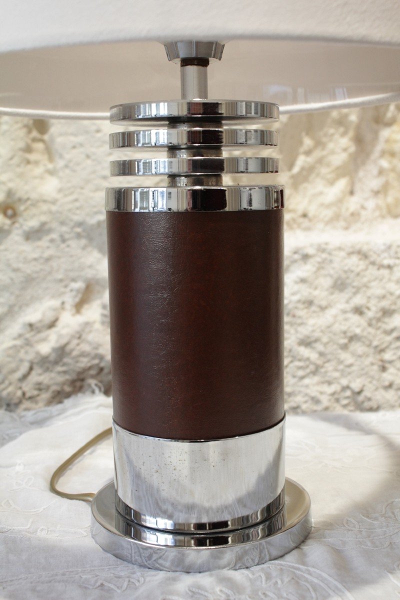 Chromed Metal Lamp Covered In Leather Circa 1975-photo-3