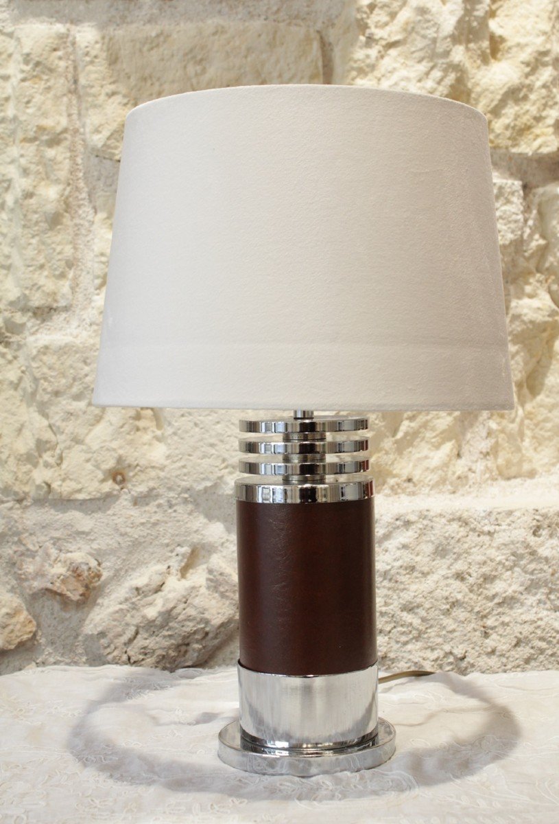 Chromed Metal Lamp Covered In Leather Circa 1975