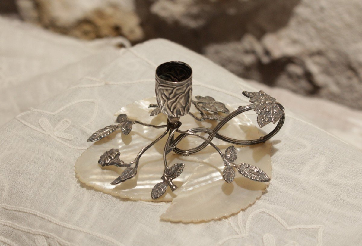 Candlestick Holder In Solid Silver With Flowers And Butterflies On Mother-of-pearl, Late 19th, Early 20th Century-photo-2