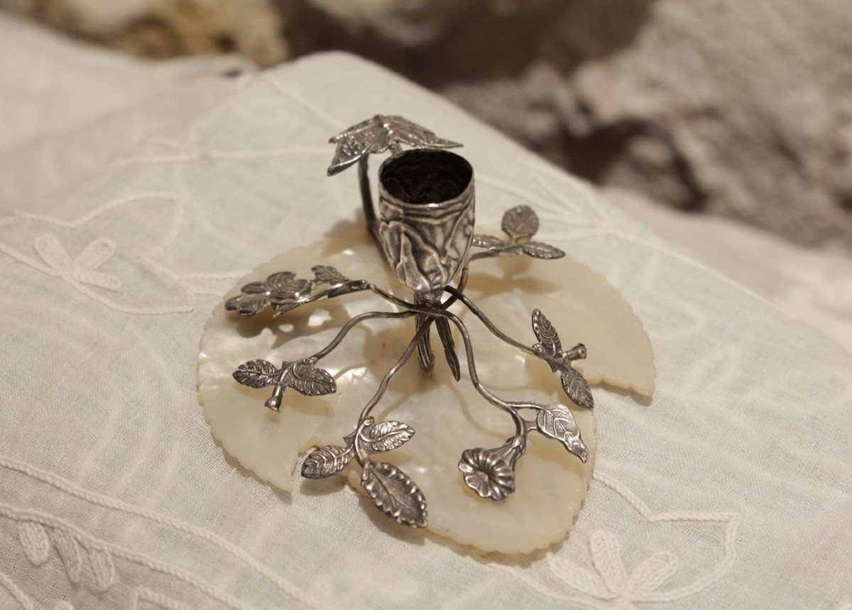 Candlestick Holder In Solid Silver With Flowers And Butterflies On Mother-of-pearl, Late 19th, Early 20th Century-photo-3