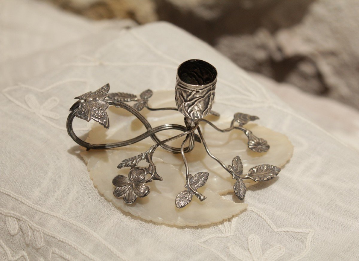 Candlestick Holder In Solid Silver With Flowers And Butterflies On Mother-of-pearl, Late 19th, Early 20th Century-photo-4