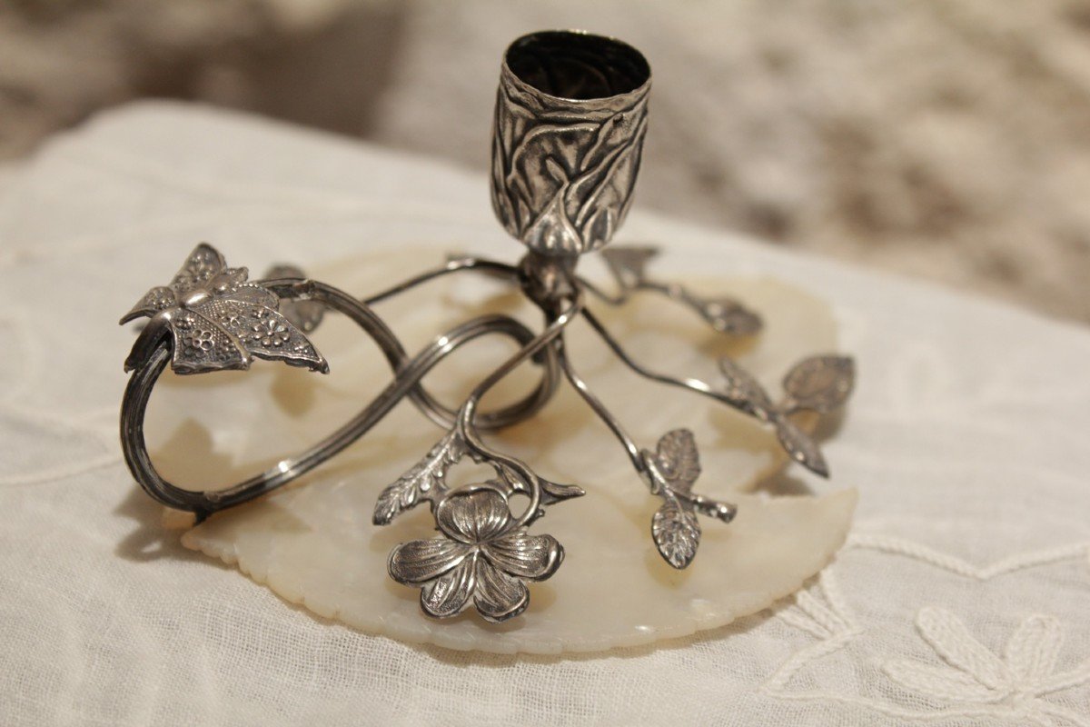 Candlestick Holder In Solid Silver With Flowers And Butterflies On Mother-of-pearl, Late 19th, Early 20th Century-photo-1