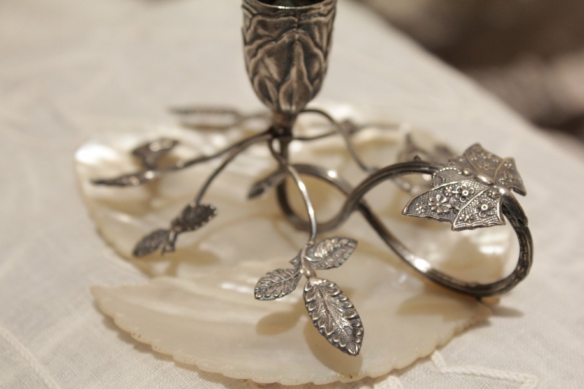 Candlestick Holder In Solid Silver With Flowers And Butterflies On Mother-of-pearl, Late 19th, Early 20th Century-photo-2