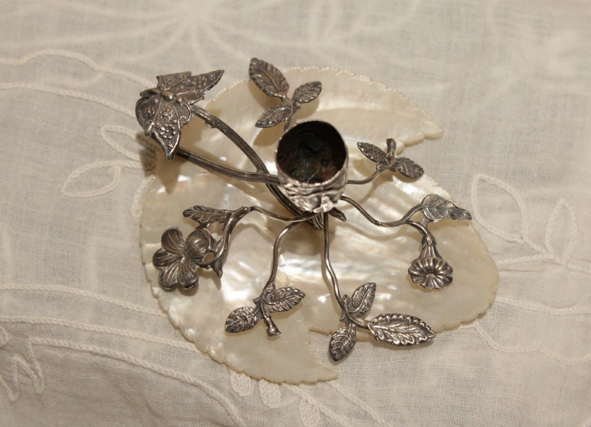 Candlestick Holder In Solid Silver With Flowers And Butterflies On Mother-of-pearl, Late 19th, Early 20th Century-photo-3