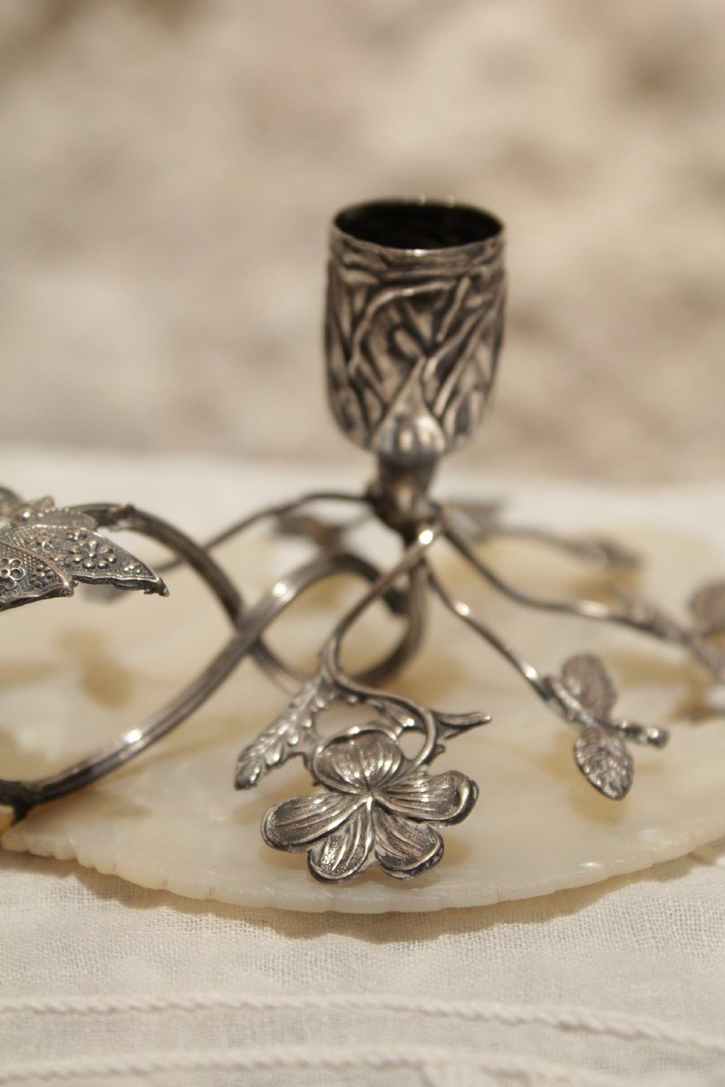 Candlestick Holder In Solid Silver With Flowers And Butterflies On Mother-of-pearl, Late 19th, Early 20th Century-photo-4