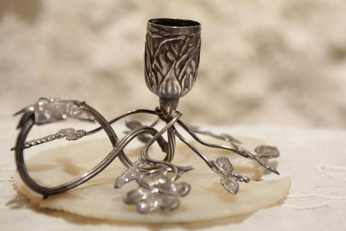 Candlestick Holder In Solid Silver With Flowers And Butterflies On Mother-of-pearl, Late 19th, Early 20th Century-photo-5