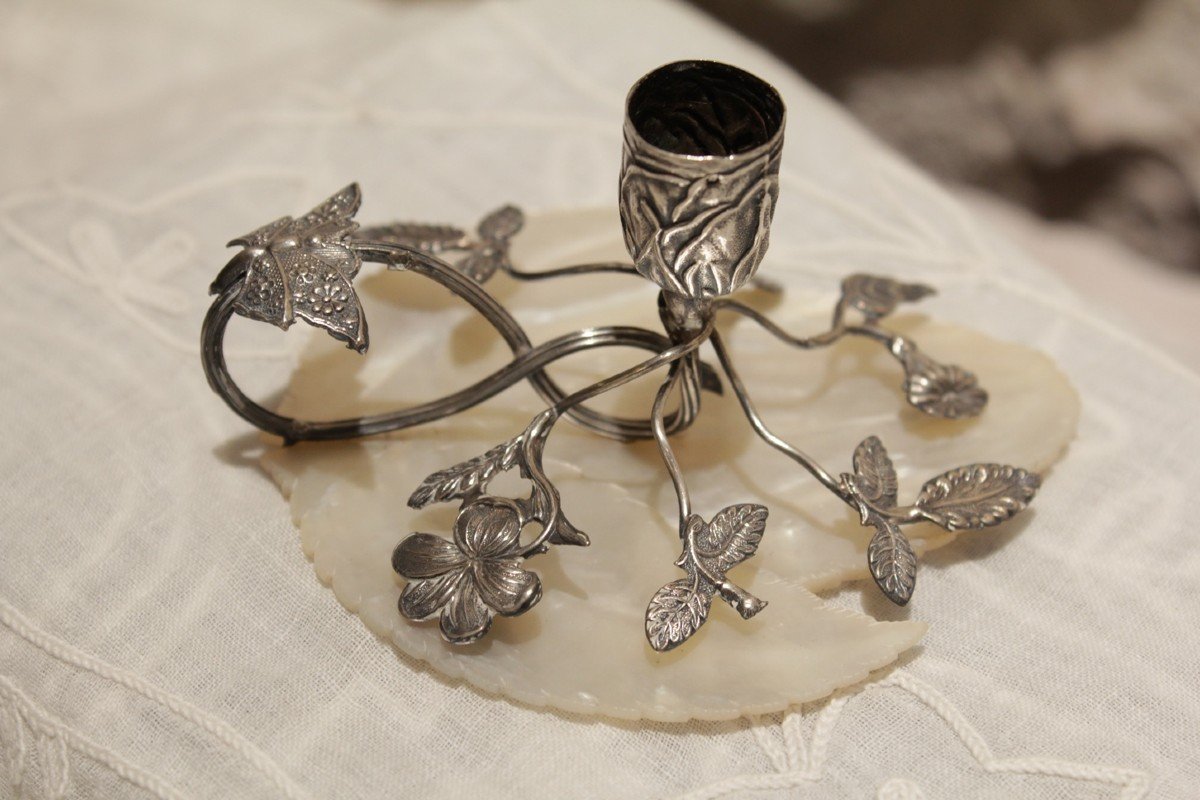 Candlestick Holder In Solid Silver With Flowers And Butterflies On Mother-of-pearl, Late 19th, Early 20th Century