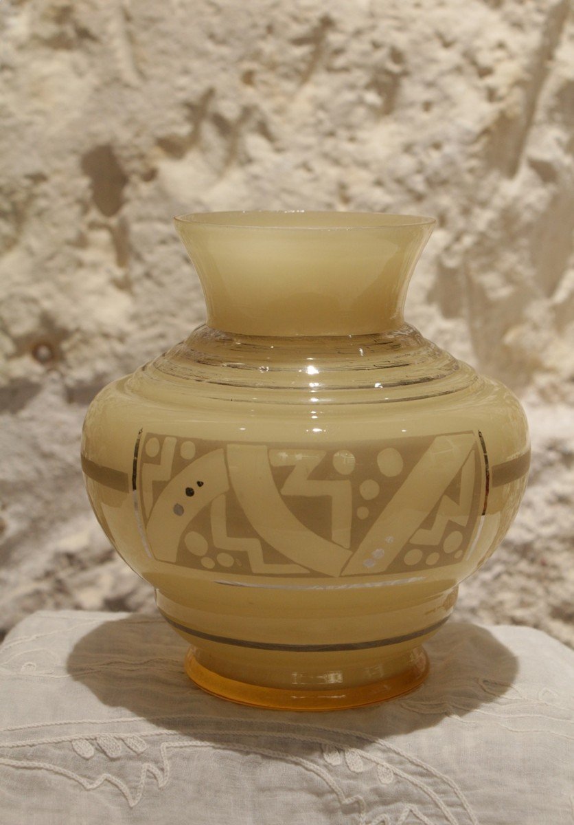 Vase En Verre Jaune Signé d'Argyl Vers 1930, Art Déco-photo-4