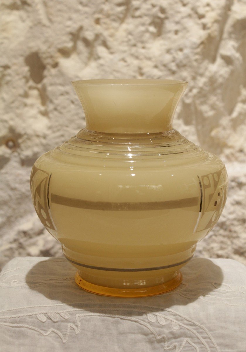 Vase En Verre Jaune Signé d'Argyl Vers 1930, Art Déco-photo-1