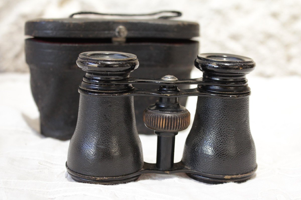 Pair Of Leather-covered Theater Binoculars With Case J. Druoton Lille Late 19th Century-photo-3