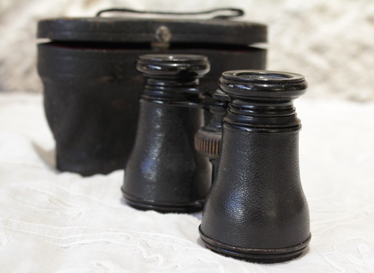 Pair Of Leather-covered Theater Binoculars With Case J. Druoton Lille Late 19th Century-photo-4