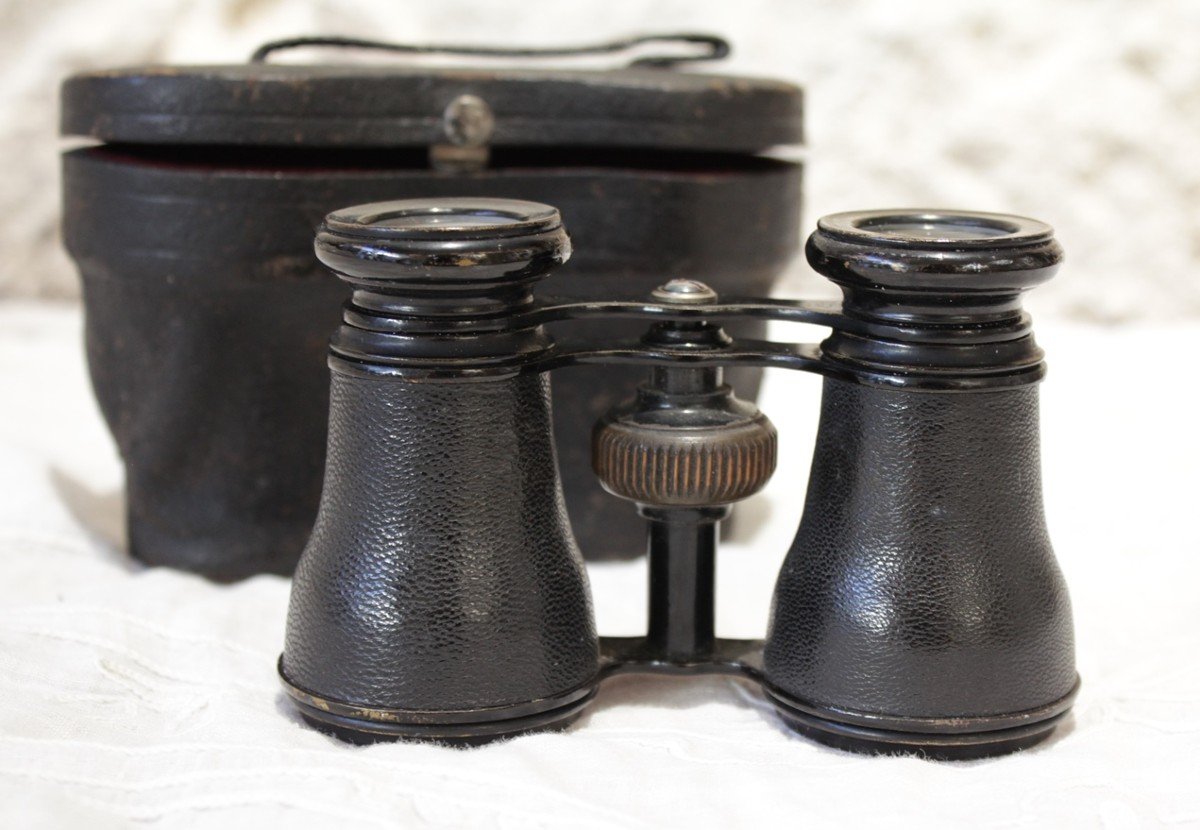 Pair Of Leather-covered Theater Binoculars With Case J. Druoton Lille Late 19th Century-photo-1