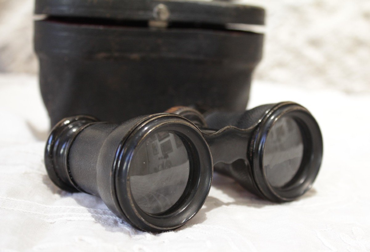 Pair Of Leather-covered Theater Binoculars With Case J. Druoton Lille Late 19th Century-photo-2