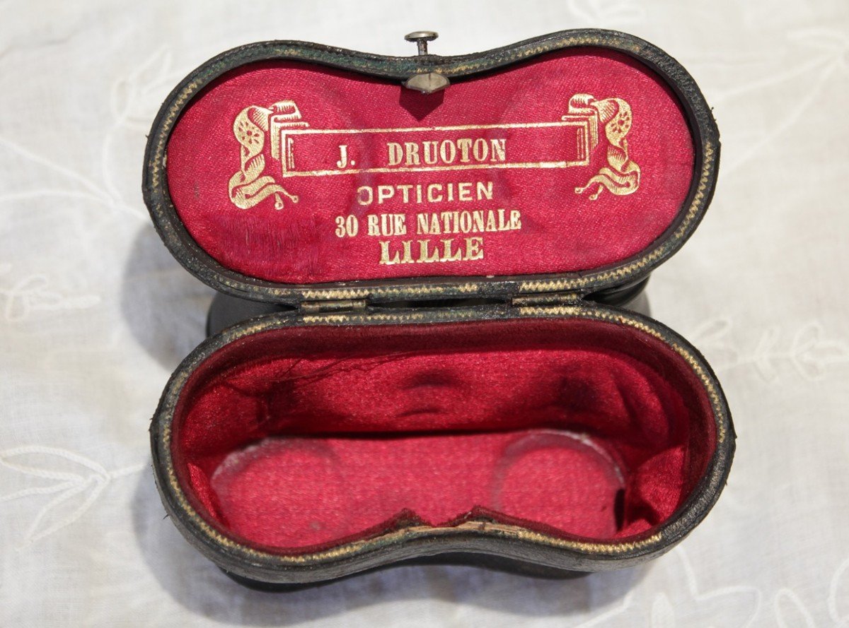 Pair Of Leather-covered Theater Binoculars With Case J. Druoton Lille Late 19th Century-photo-3