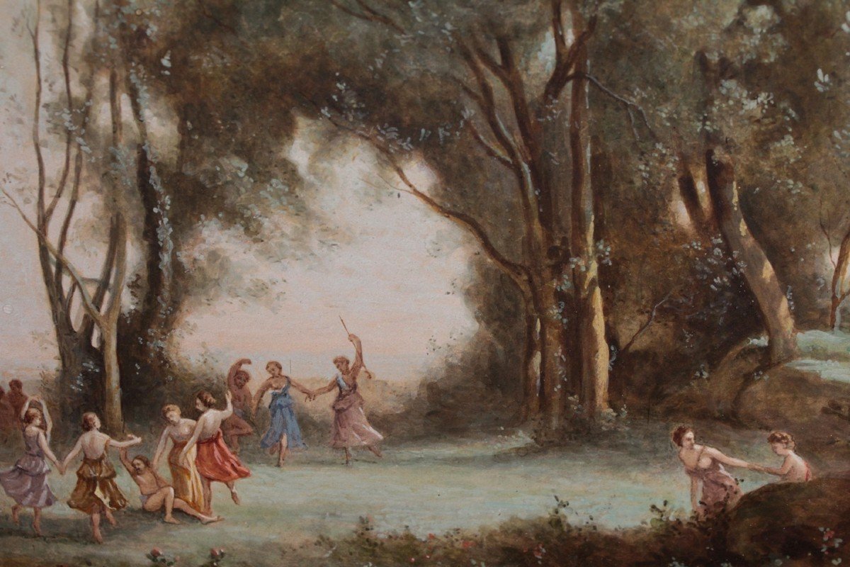 Gouache 'the Dance Of The Nymphs' After Camille Corot 19th Century-photo-1