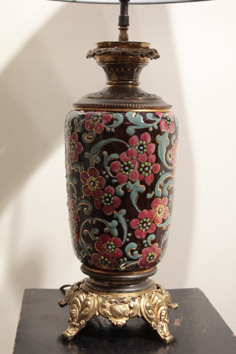 Earthenware Lamp With Flower Motifs Bronze And Brass Frame Early 20th Century-photo-3