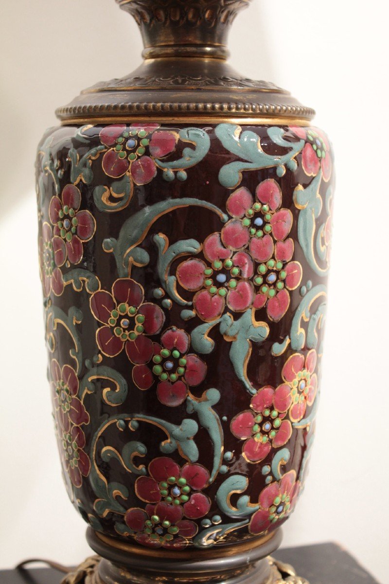 Earthenware Lamp With Flower Motifs Bronze And Brass Frame Early 20th Century-photo-4