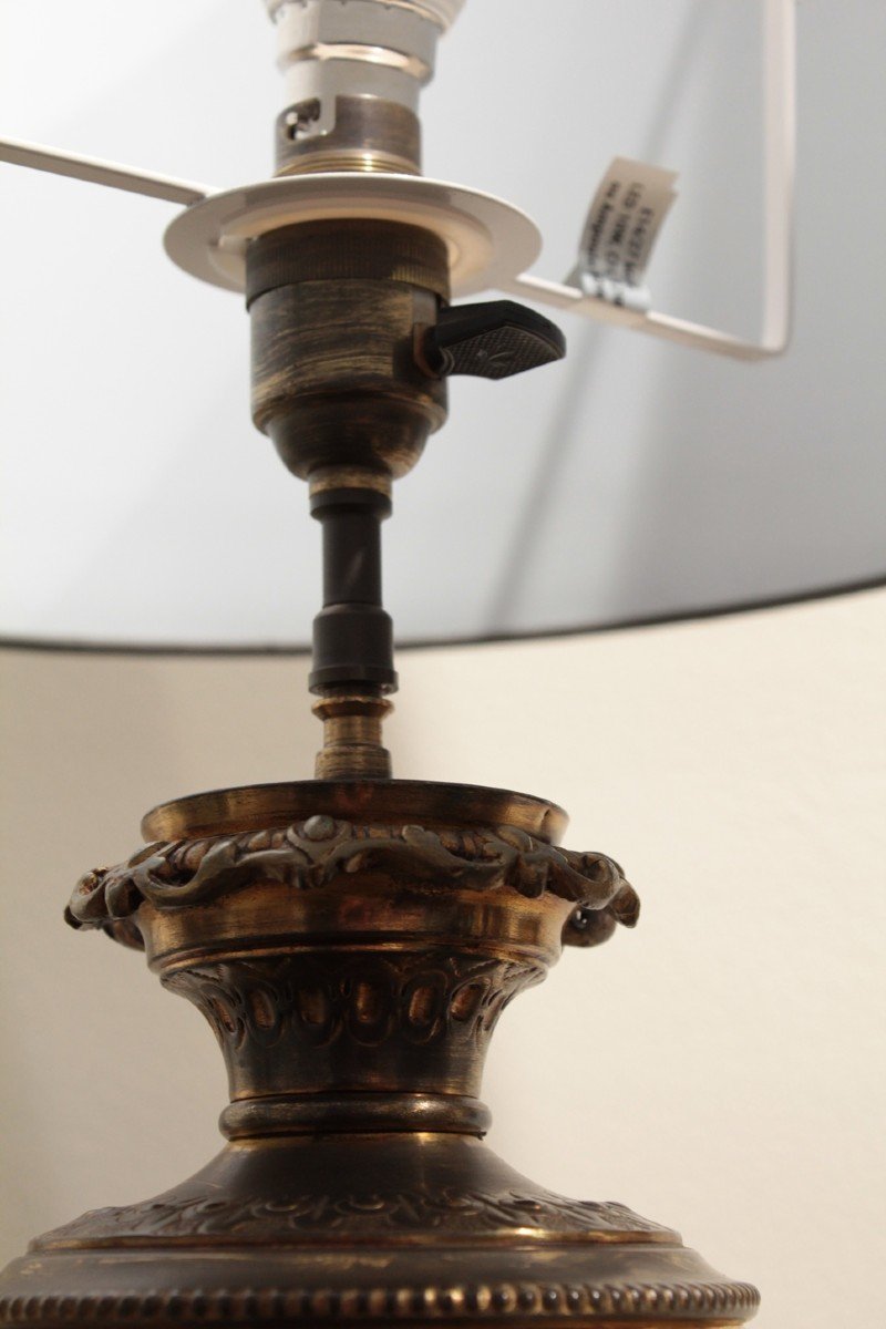 Earthenware Lamp With Flower Motifs Bronze And Brass Frame Early 20th Century-photo-3