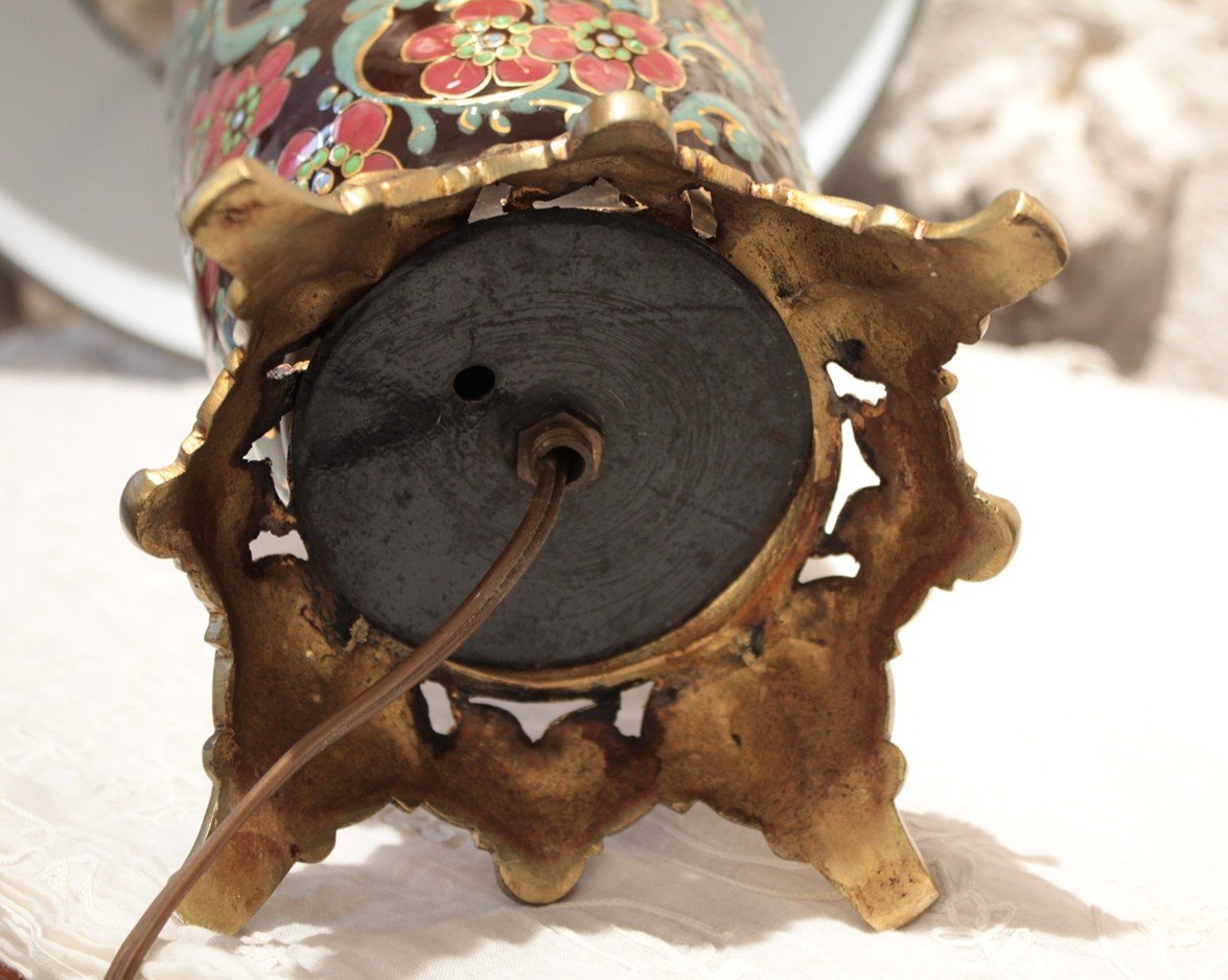 Earthenware Lamp With Flower Motifs Bronze And Brass Frame Early 20th Century-photo-4