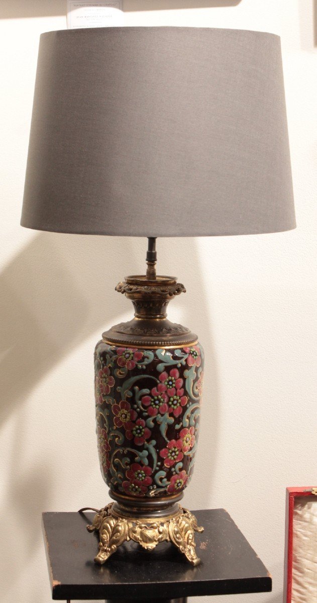 Earthenware Lamp With Flower Motifs Bronze And Brass Frame Early 20th Century