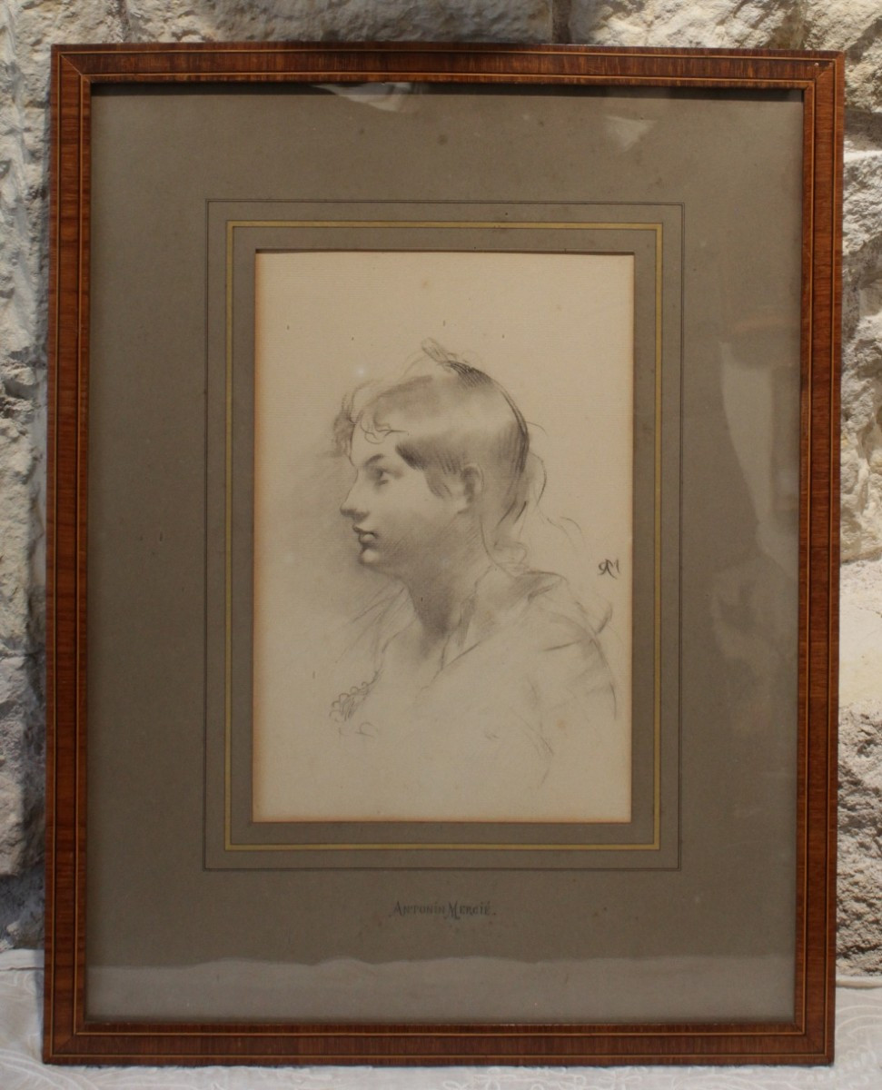 Charcoal Drawing 'profile Of A Woman' Signed Antonin Mercié (1845-1916)-photo-2