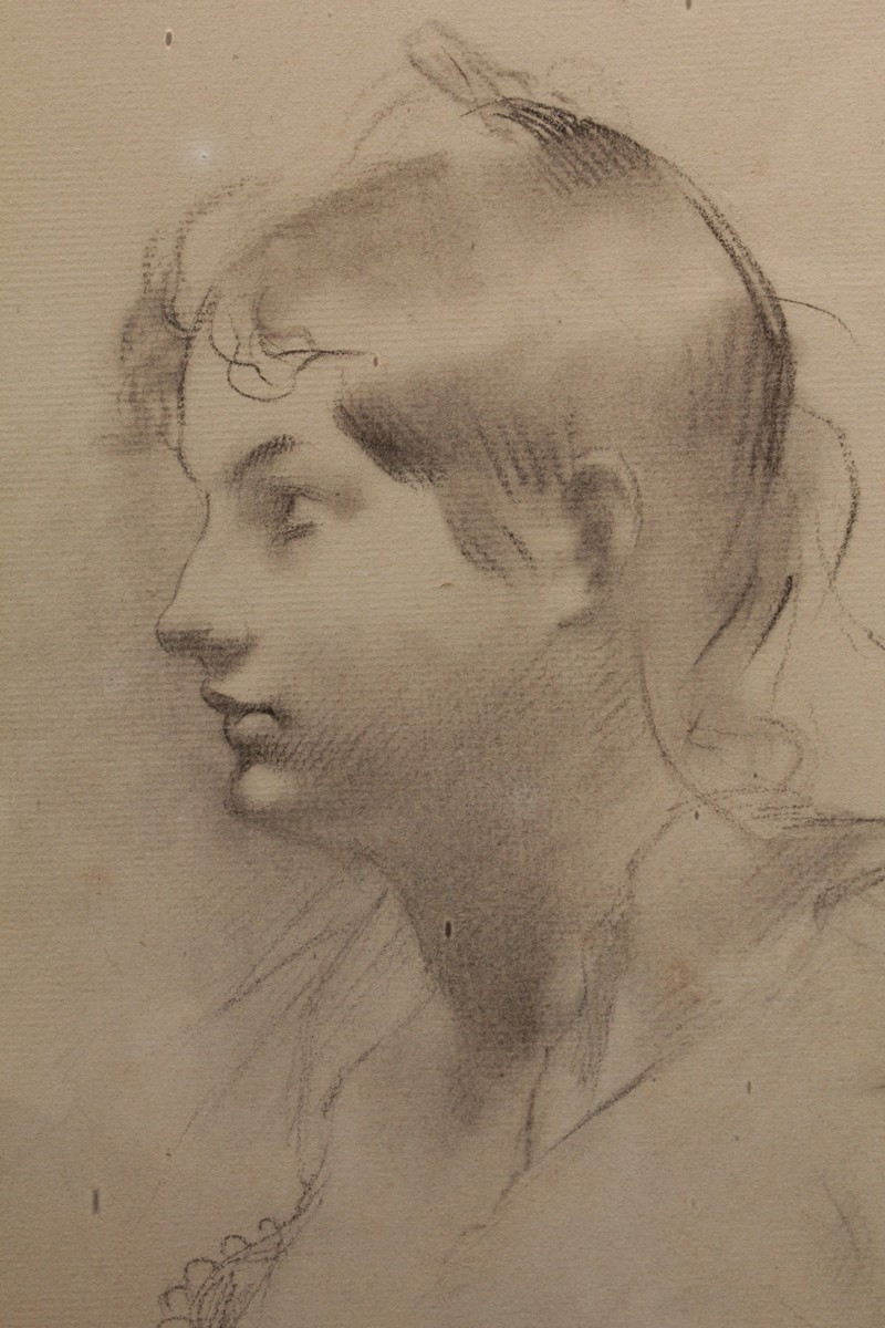 Charcoal Drawing 'profile Of A Woman' Signed Antonin Mercié (1845-1916)-photo-3