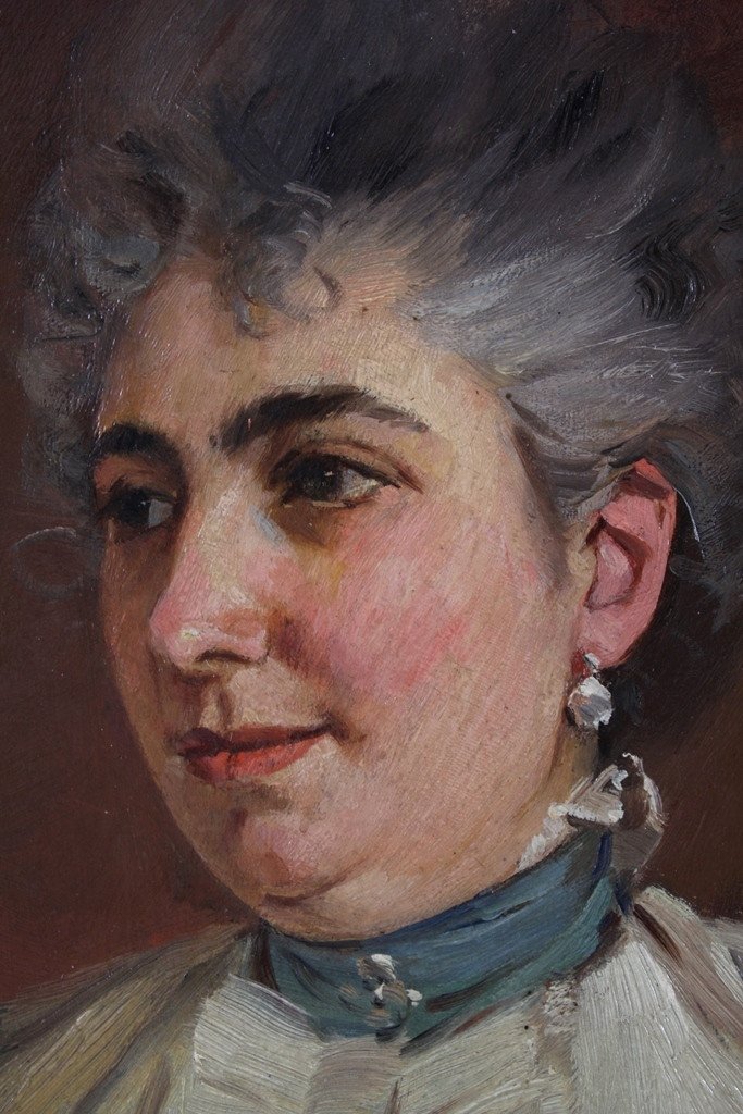 Painting 'portrait Of Woman With Pearl' Oil On Panel Late 19th Century Signed Vahle-photo-4