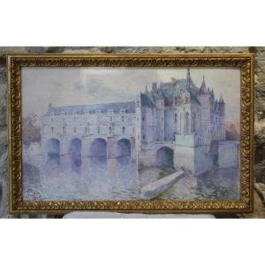 Aquarelle 'château De Chenonceau' Par Marius Robert Datée 1912