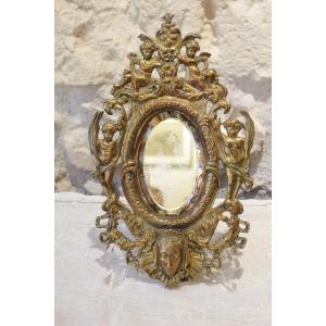 Miroir En Bronze à Décor d'Angelots, Rubans, Fleurs Et Mascaron Fin 19ème Siècle