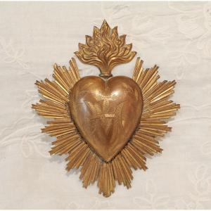 Ex-voto, Reliquary, Sacred Heart Of Devotion In Brass Late 19th, Early 20th Century