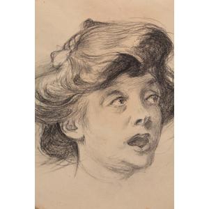 Charcoal Drawing With Round View 'the Surprise' Attributed To Louis Malteste (1862-1928)