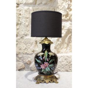 Earthenware Vase Lamp With Black Background And Polychrome Flowers, Late 19th Century