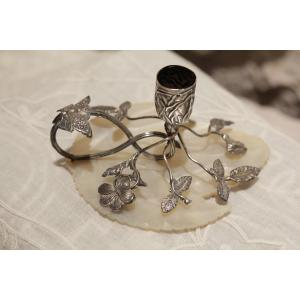 Candlestick Holder In Solid Silver With Flowers And Butterflies On Mother-of-pearl, Late 19th, Early 20th Century