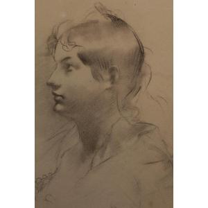 Dessin Au Fusain 'profil De Femme' Signé Antonin Mercié (1845-1916)