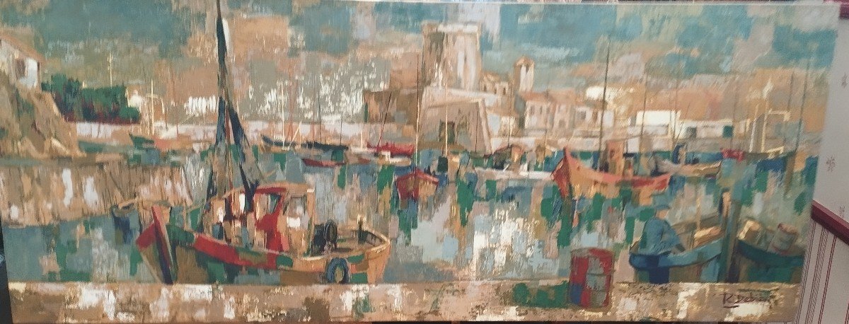 Huile Sur Tissu "port De Socoa" R.Debiève-photo-2