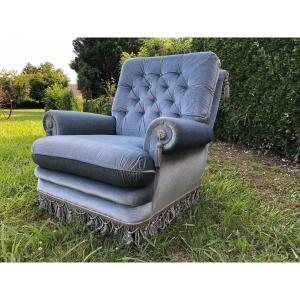 Paire De Fauteuils Club Vintage En Velours bleu pastel 