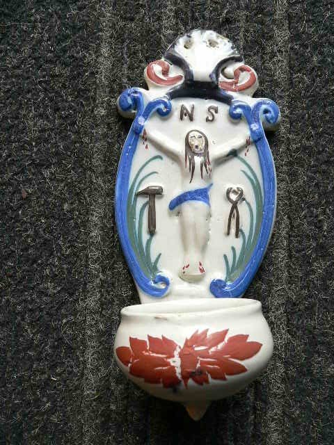 19th Century Roanne Earthenware Bedside Holy Water Font