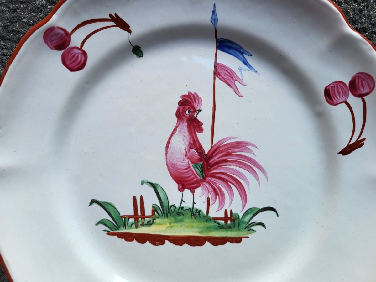 18th Century Islettes Earthenware Plate With Rooster And Tricolor Flag -photo-2