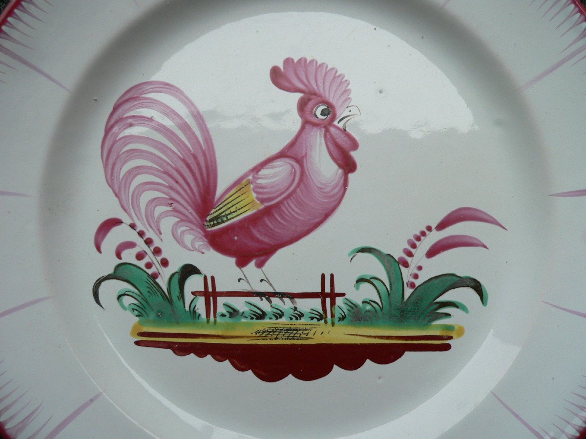 XIXth Islettes Earthenware Plate With Rooster On Barrier Decor-photo-2