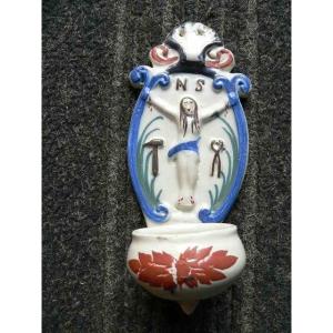 19th Century Roanne Earthenware Bedside Holy Water Font