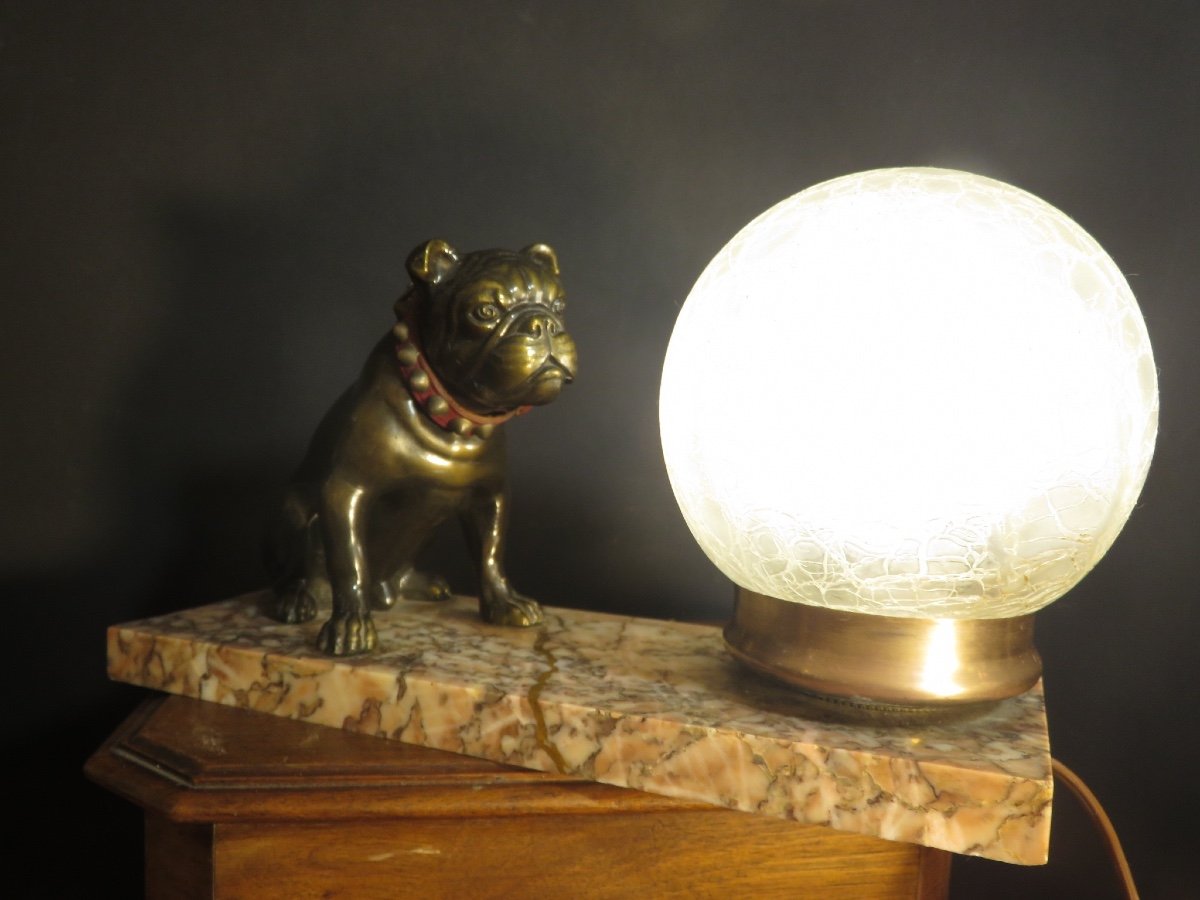 Night Light: Bulldog Sitting On A 20th Century Marble Base-photo-4