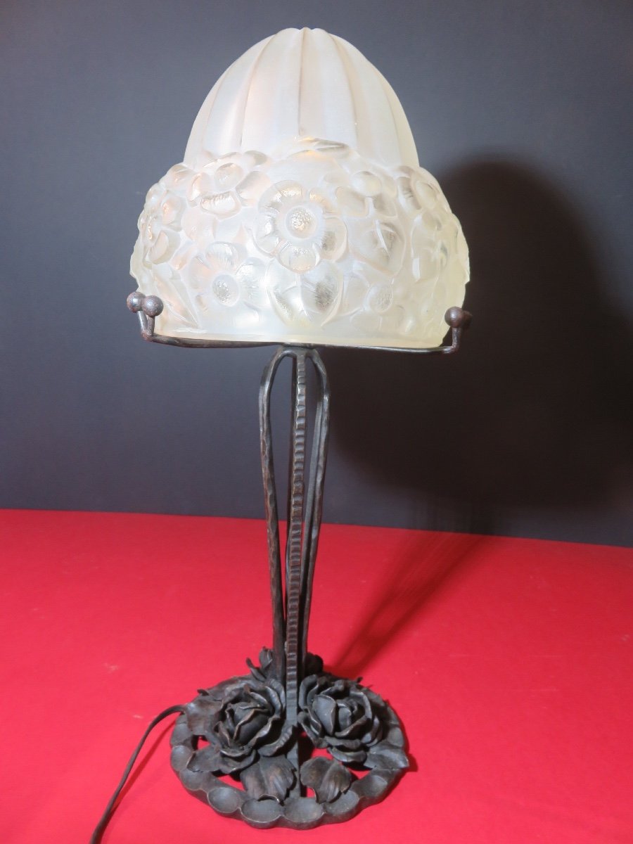 Lamp From The Years 1925 - 1930 In Wrought Iron, Pressed Glass Decorated With Flowers-photo-6