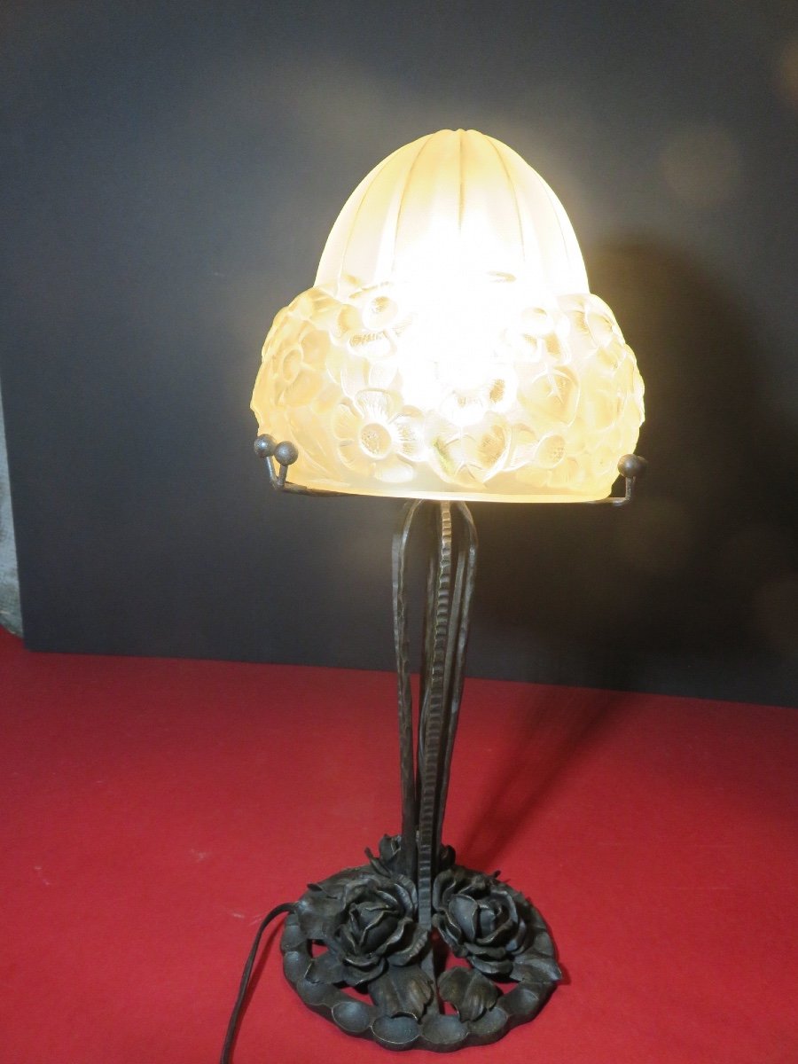 Lamp From The Years 1925 - 1930 In Wrought Iron, Pressed Glass Decorated With Flowers-photo-7