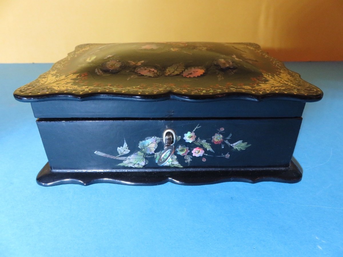 Box, Jewelry Box In Papier Mâché And Mother-of-pearl Marquetry, Napoleon III Period-photo-4