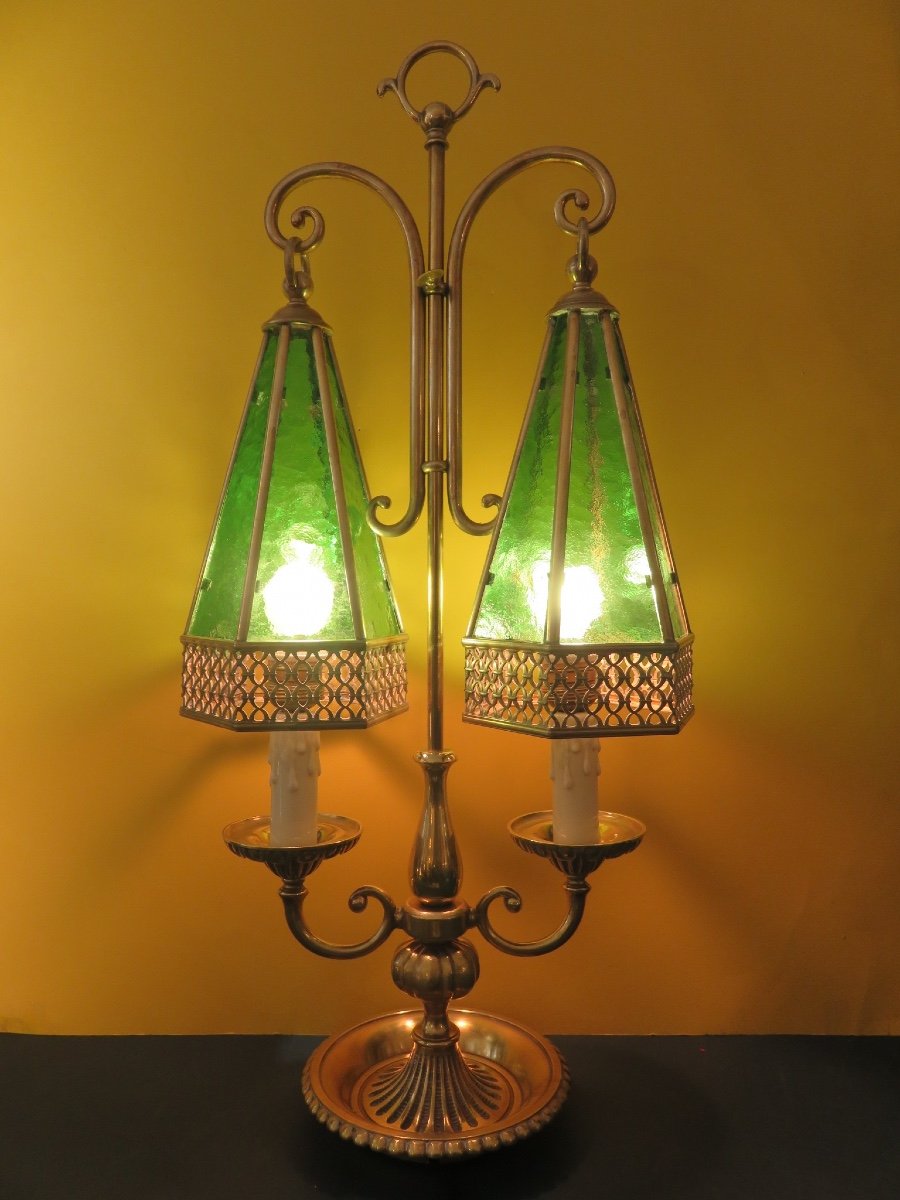 Paire de lampes à double lumières  , en forme de pagode , en laiton et verre martelé HT: 67 cm-photo-2